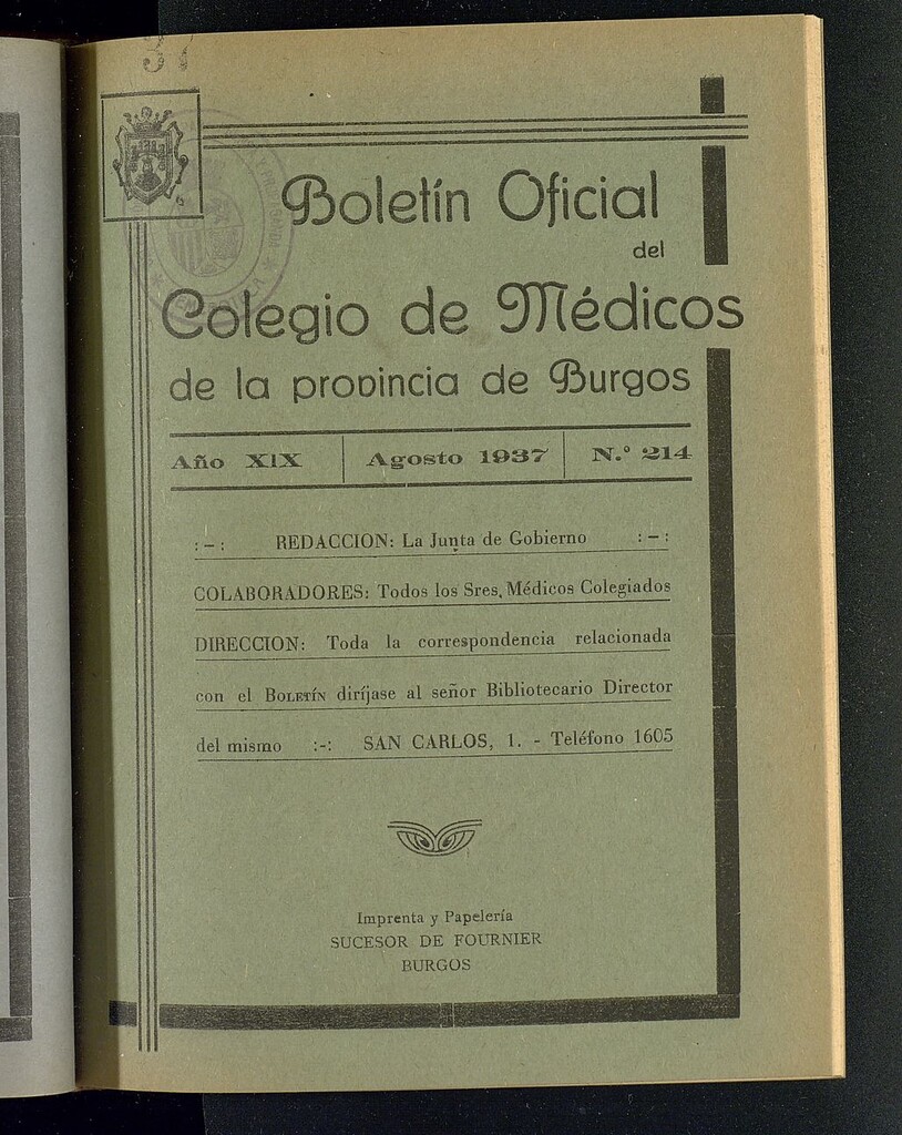 Miniatura de Boletín Oficial del Colegio de Médicos de la Provincia de Burgos. Agosto de 1937, nº 214