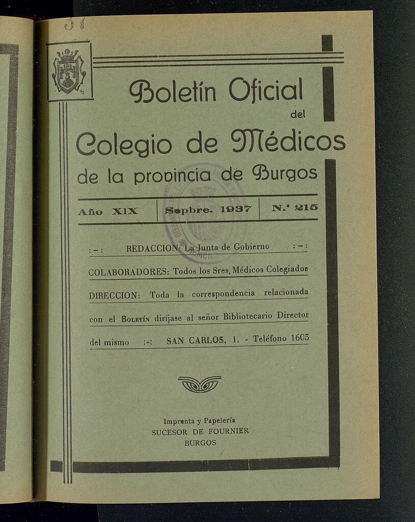 Miniatura de Boletín Oficial del Colegio de Médicos de la Provincia de Burgos. Septiembre de 1937, nº 215