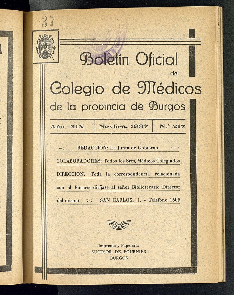Miniatura de Boletín Oficial del Colegio de Médicos de la Provincia de Burgos. Noviembre de 1937, nº 217