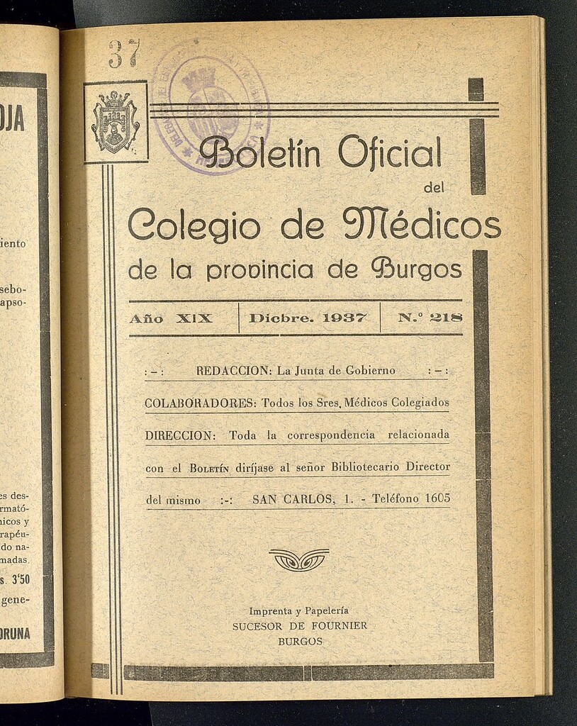 Miniatura de Boletín Oficial del Colegio de Médicos de la Provincia de Burgos. Diciembre de 1937, nº 218