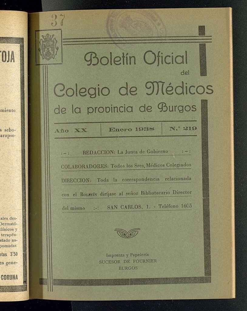 Miniatura de Boletín Oficial del Colegio de Médicos de la Provincia de Burgos. Enero de 1938, nº 219