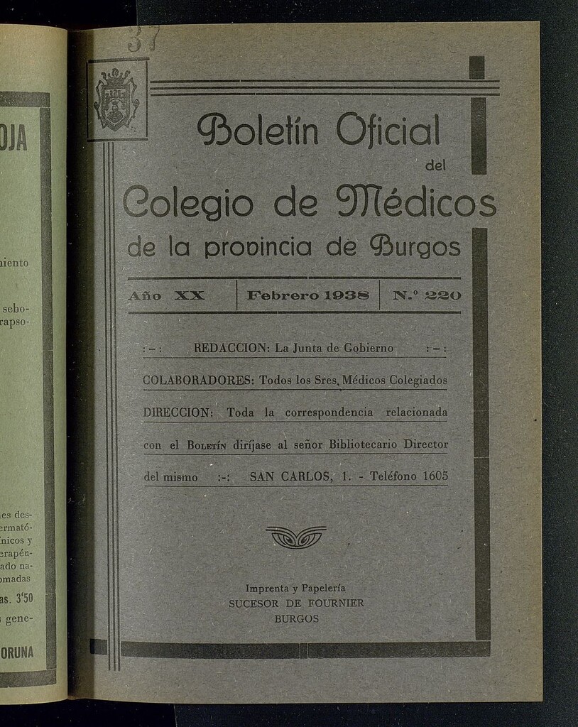 Miniatura de Boletín Oficial del Colegio de Médicos de la Provincia de Burgos. Febrero de 1938, nº 220