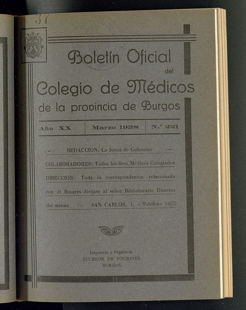 Miniatura de Boletín Oficial del Colegio de Médicos de la Provincia de Burgos. Marzo de 1938, nº 221