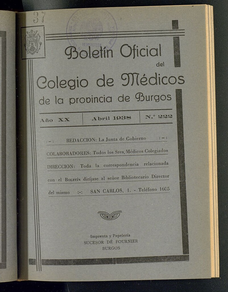 Miniatura de Boletín Oficial del Colegio de Médicos de la Provincia de Burgos. Abril de 1938, nº 222