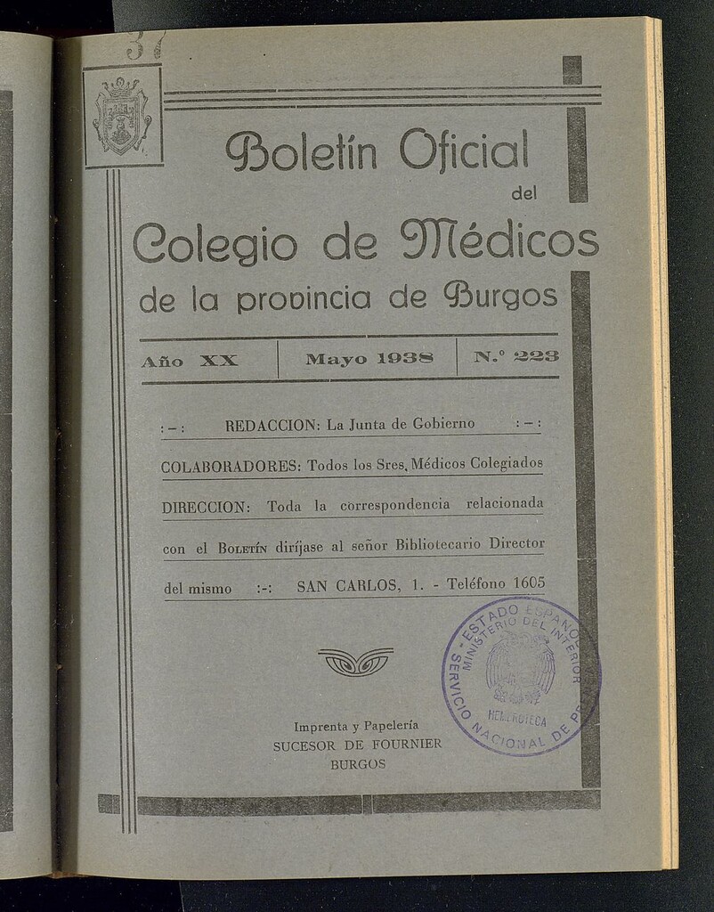 Miniatura de Boletín Oficial del Colegio de Médicos de la Provincia de Burgos. Mayo de 1938, nº 223