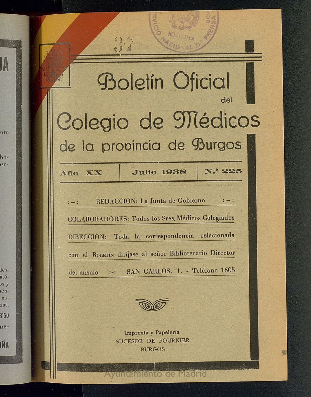 Miniatura de Boletín Oficial del Colegio de Médicos de la Provincia de Burgos. Julio de 1938, nº 225