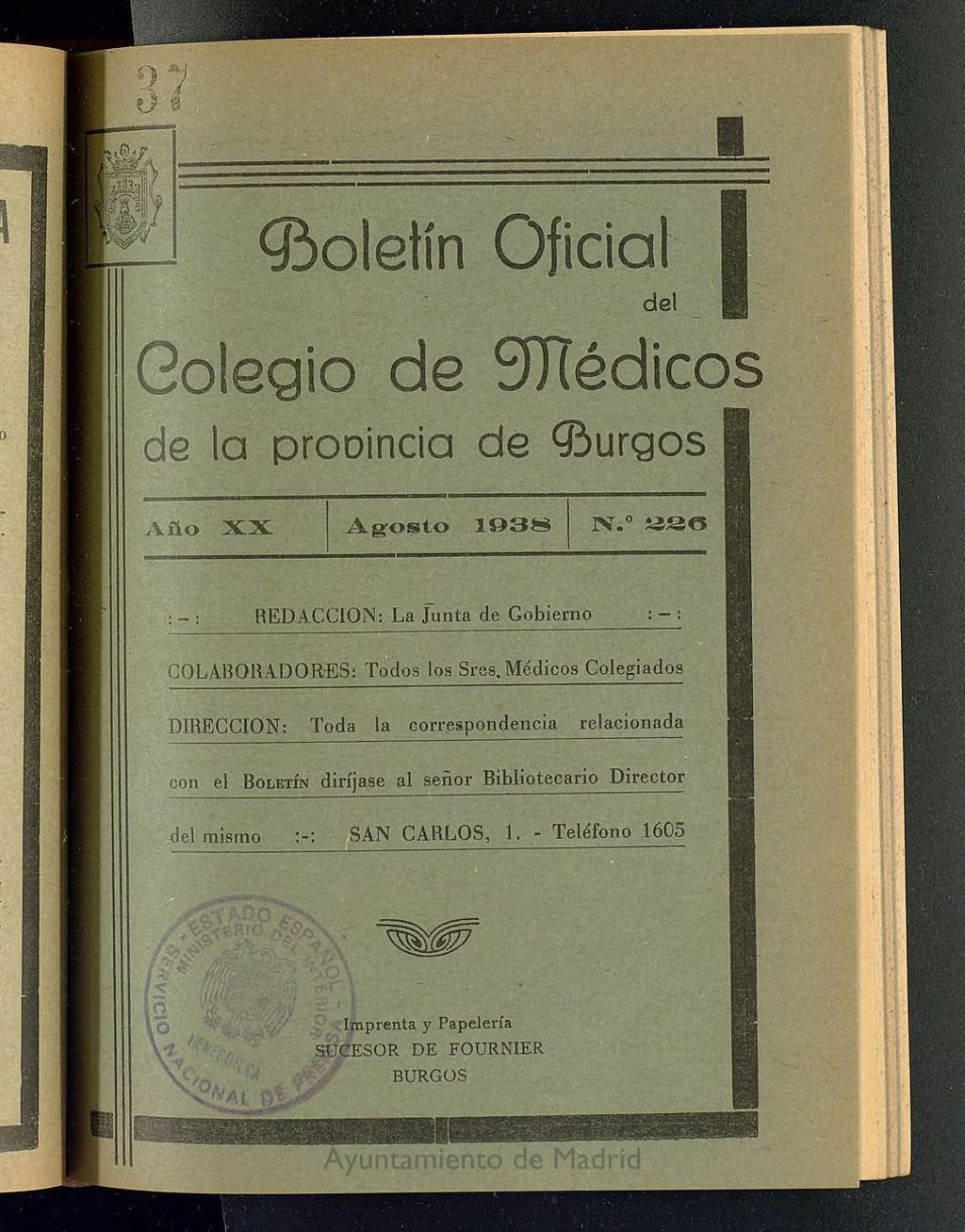 Miniatura de Boletín Oficial del Colegio de Médicos de la Provincia de Burgos. Agosto de 1938, nº 226