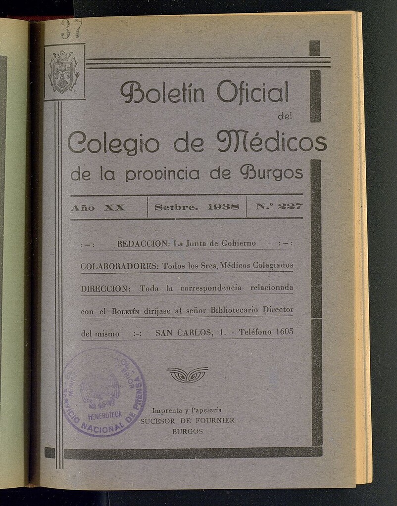 Miniatura de Boletín Oficial del Colegio de Médicos de la Provincia de Burgos. Septiembre de 1938, nº 227