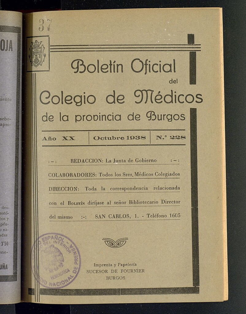 Miniatura de Boletín Oficial del Colegio de Médicos de la Provincia de Burgos. Octubre de 1938, nº 228