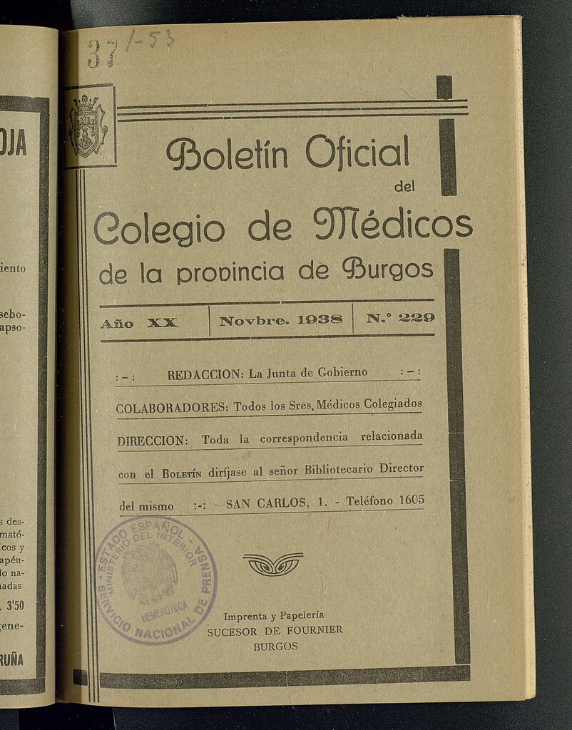 Miniatura de Boletín Oficial del Colegio de Médicos de la Provincia de Burgos. Noviembre de 1938, nº 229