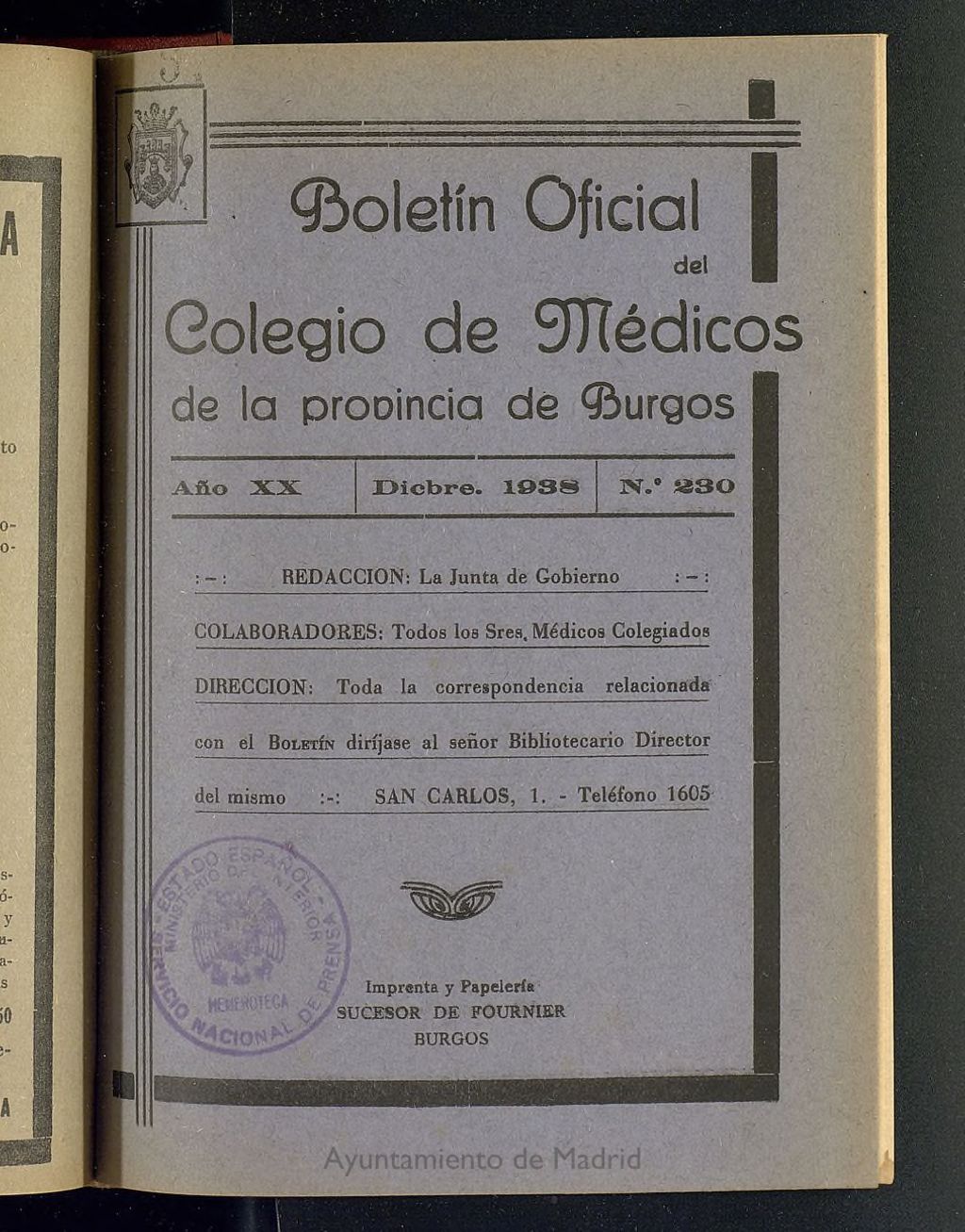Miniatura de Boletín Oficial del Colegio de Médicos de la Provincia de Burgos. Diciembre de 1938, nº 230
