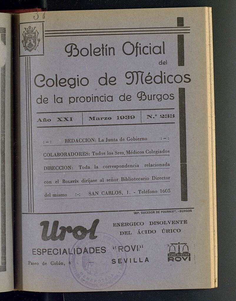 Miniatura de Boletín Oficial del Colegio de Médicos de la Provincia de Burgos. Marzo de 1939, nº 233