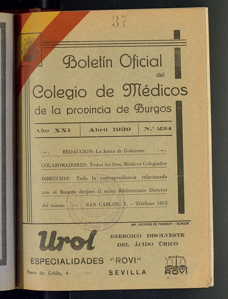 Miniatura de Boletín Oficial del Colegio de Médicos de la Provincia de Burgos. Abril de 1939, nº 234