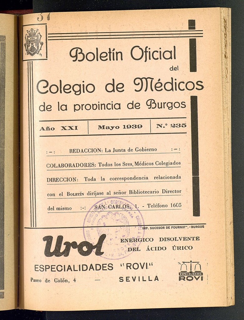 Miniatura de Boletín Oficial del Colegio de Médicos de la Provincia de Burgos. Mayo de 1939, nº 235