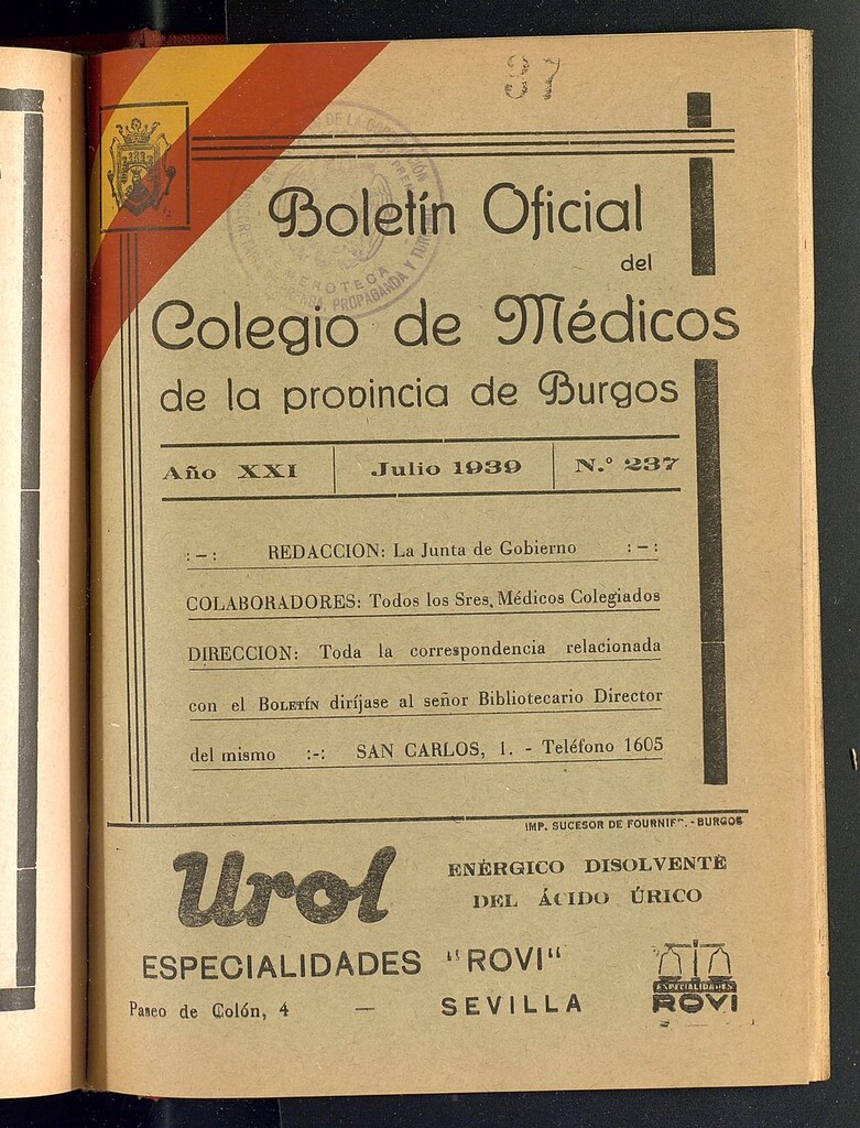 Miniatura de Boletín Oficial del Colegio de Médicos de la Provincia de Burgos. Julio de 1939, nº 237