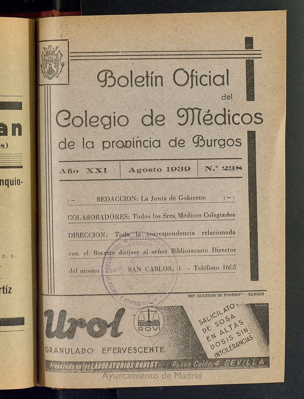 Miniatura de Boletín Oficial del Colegio de Médicos de la Provincia de Burgos. Agosto de 1939, nº 238