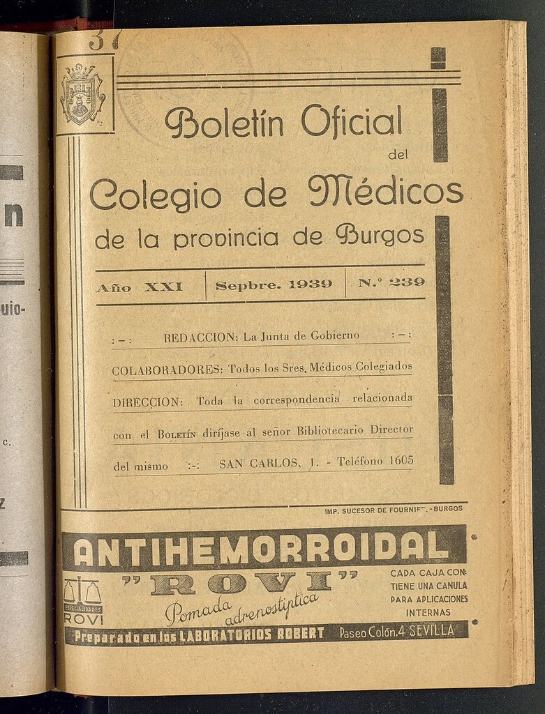Miniatura de Boletín Oficial del Colegio de Médicos de la Provincia de Burgos. Septiembre de 1939, nº 239