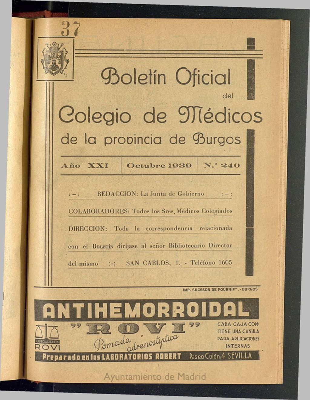Miniatura de Boletín Oficial del Colegio de Médicos de la Provincia de Burgos. Octubre de 1939, nº 240