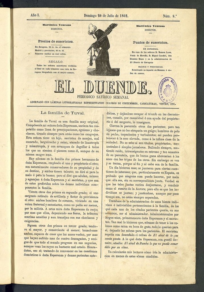 Miniatura de El Duende: periódico satírico semanal. 20 de julio de 1862, nº 8
