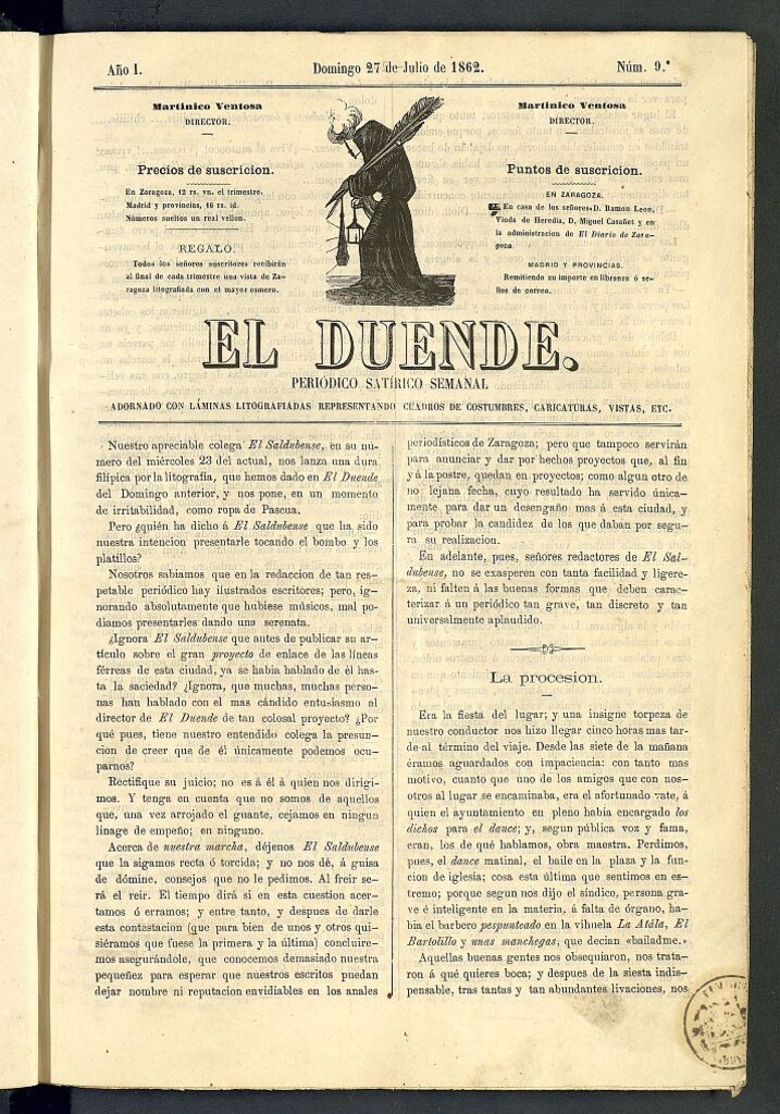 Miniatura de El Duende: periódico satírico semanal. 27 de julio de 1862, nº 9