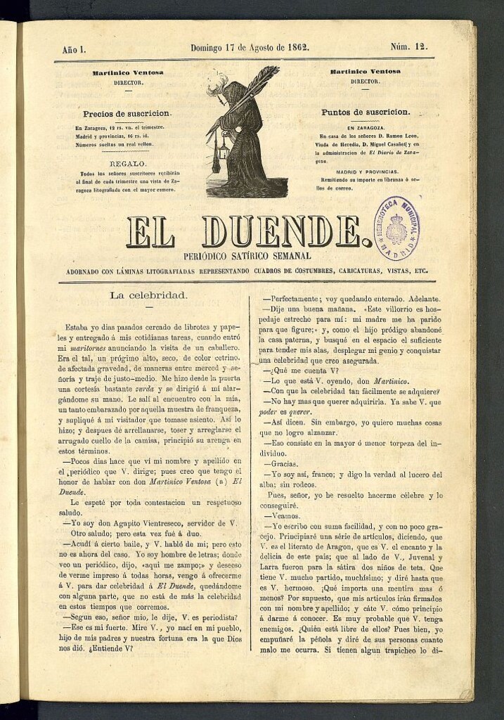 Miniatura de El Duende: periódico satírico semanal. 17 de agosto de 1862, nº 12