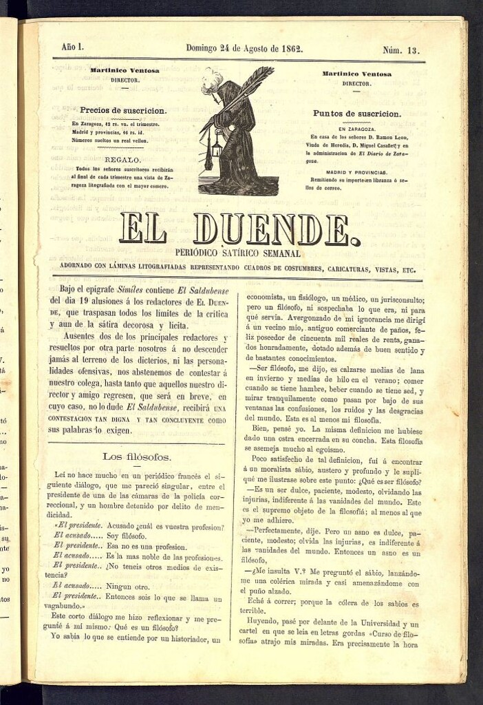 Miniatura de El Duende: periódico satírico semanal. 24 de agosto de 1862, nº 13
