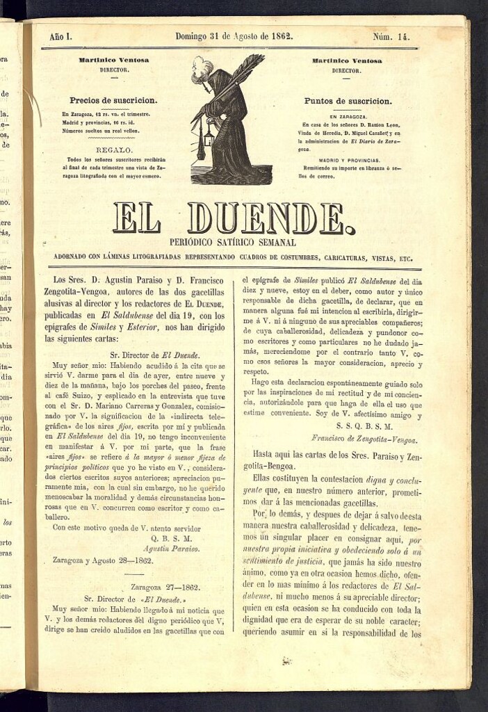 Miniatura de El Duende: periódico satírico semanal. 31 de agosto de 1862, nº 14