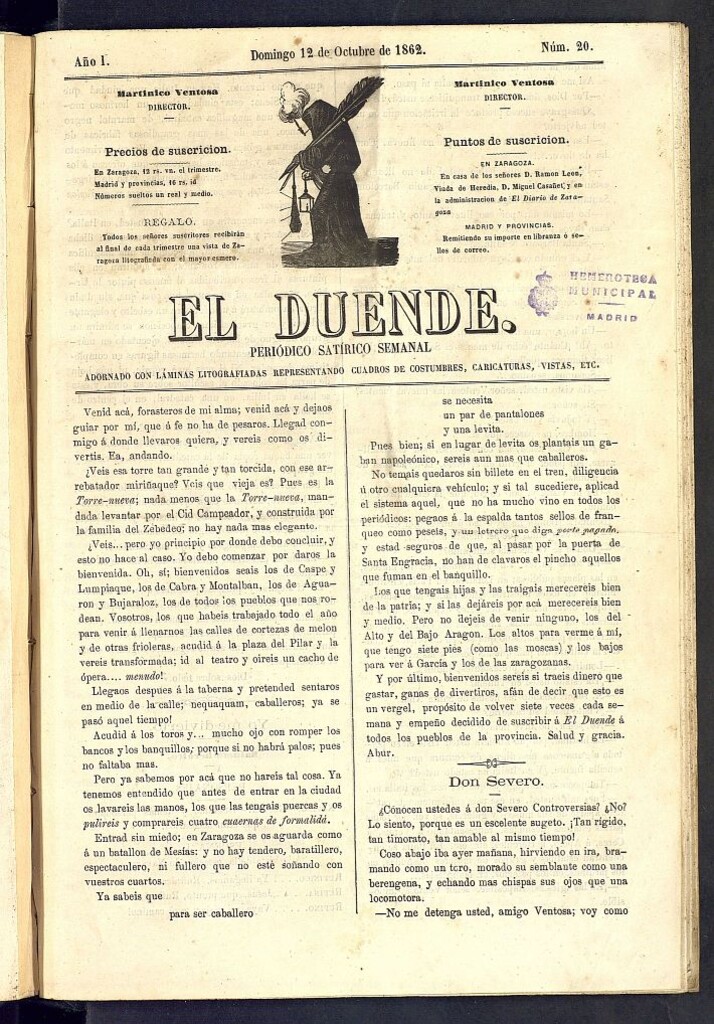 Miniatura de El Duende: periódico satírico semanal. 12 de octubre de 1862, nº 20