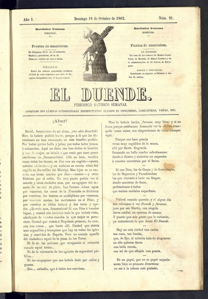 Miniatura de El Duende: periódico satírico semanal. 19 de octubre de 1862, nº 21
