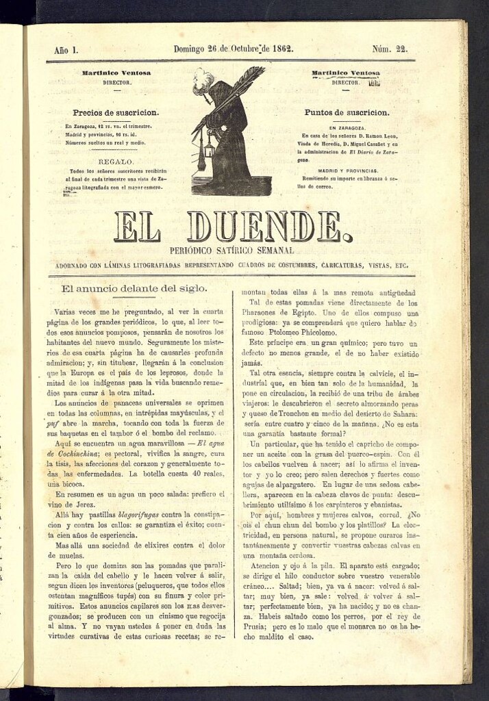 Miniatura de El Duende: periódico satírico semanal. 26 de octubre de 1862, nº 22