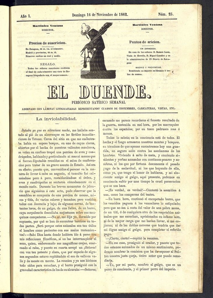 Miniatura de El Duende: periódico satírico semanal. 16 de noviembre de 1862, nº 25