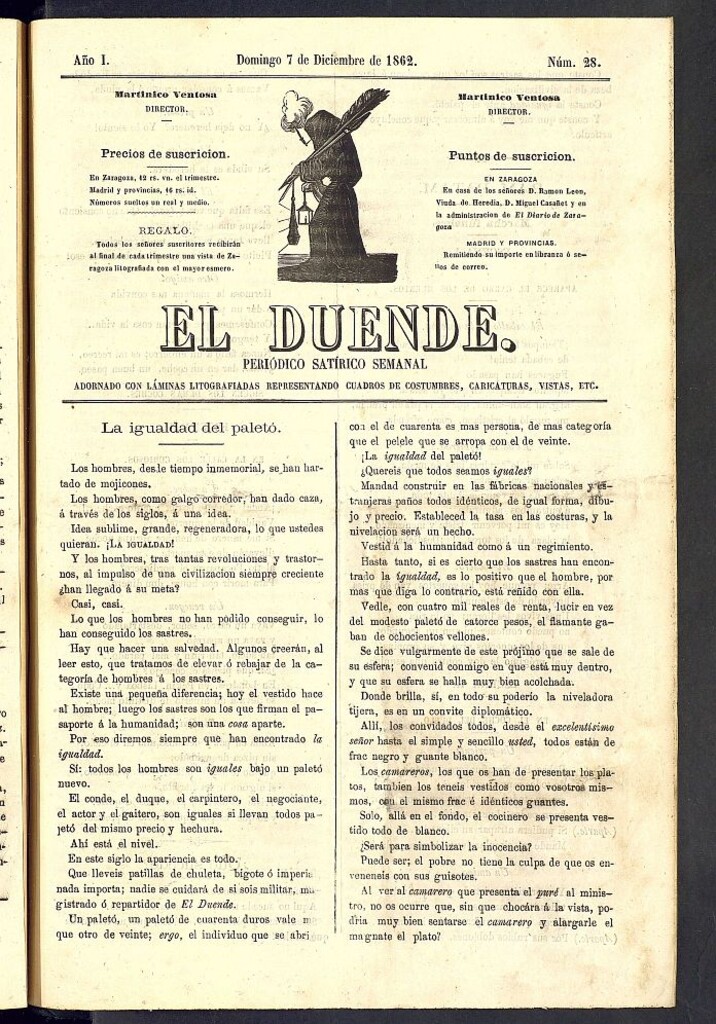Miniatura de El Duende: periódico satírico semanal. 7 de diciembre de 1862, nº 28