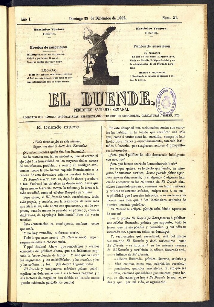 Miniatura de El Duende: periódico satírico semanal. 28 de diciembre de 1862, nº 31