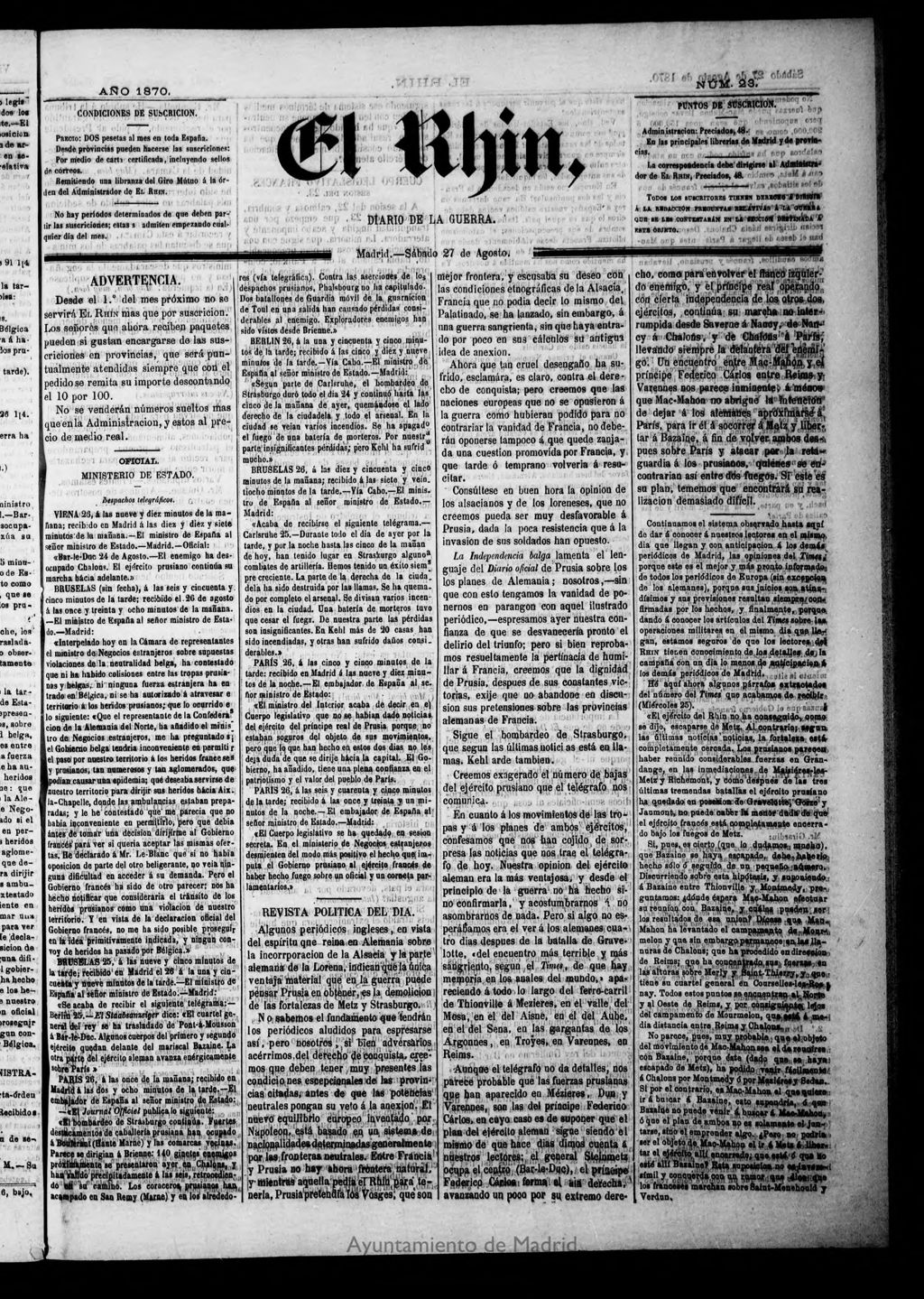 Miniatura de El Rhin: diario de la guerra del 27 de agosto de 1870, nº 23