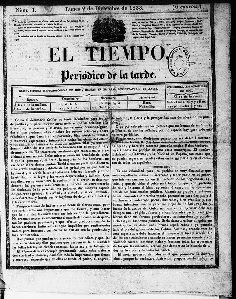 Miniatura de El Tiempo: periódico de la tarde del 2 de diciembre de 1833, nº 1