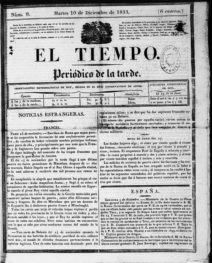 Miniatura de El Tiempo: periódico de la tarde del 10 de diciembre de 1833, nº 9