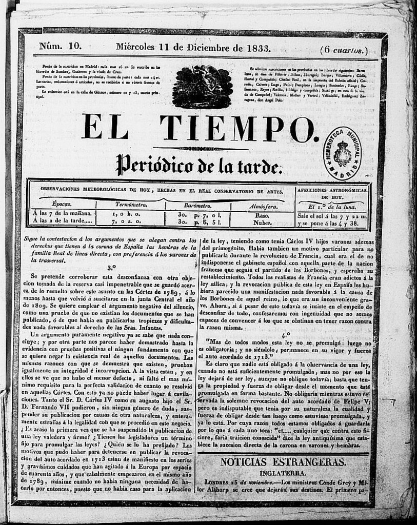 Miniatura de El Tiempo: periódico de la tarde del 11 de diciembre de 1833, nº 10