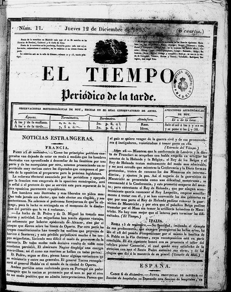 Miniatura de El Tiempo: periódico de la tarde del 12 de diciembre de 1833, nº 11