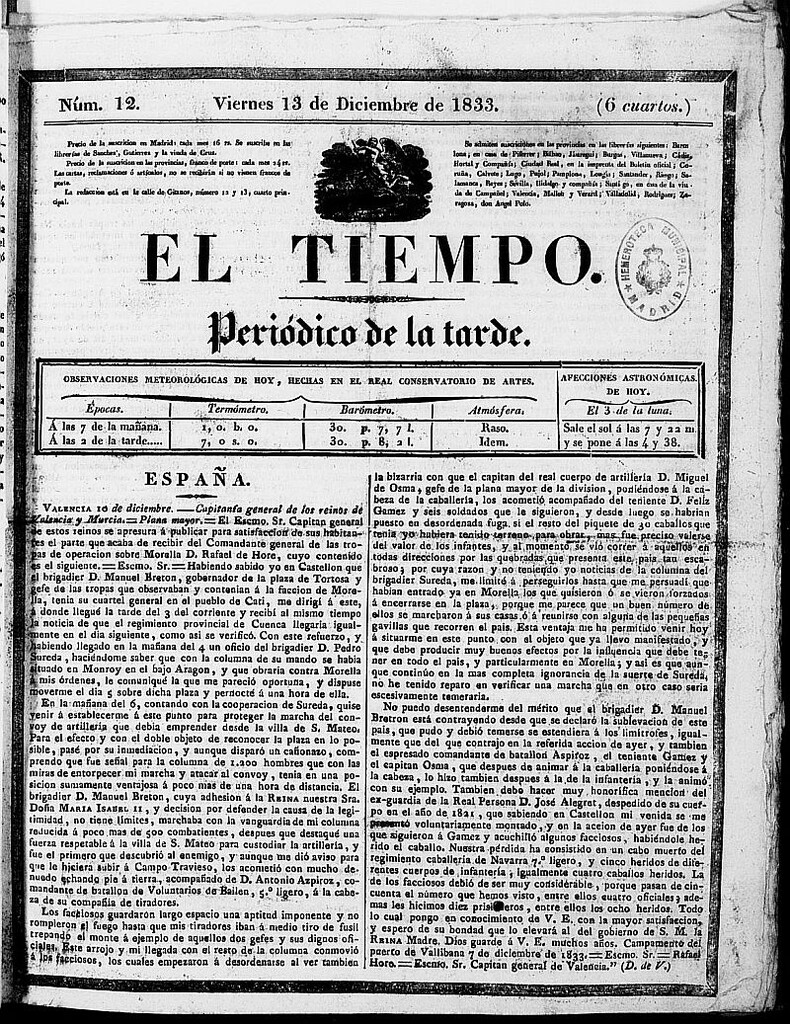 Miniatura de El Tiempo: periódico de la tarde del 13 de diciembre de 1833, nº 12