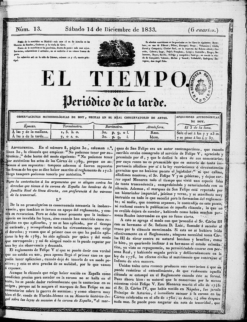 Miniatura de El Tiempo: periódico de la tarde del 14 de diciembre de 1833, nº 13