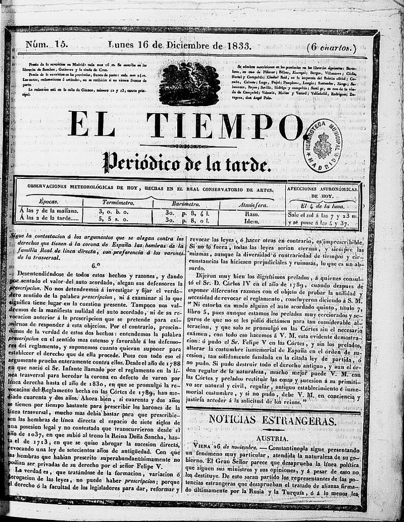Miniatura de El Tiempo: periódico de la tarde del 16 de diciembre de 1833, nº 15