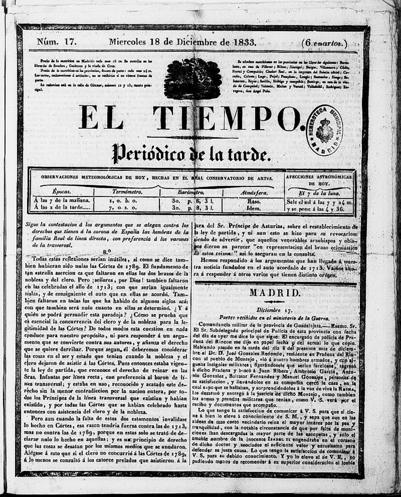 Miniatura de El Tiempo: periódico de la tarde del 18 de diciembre de 1833, nº 17