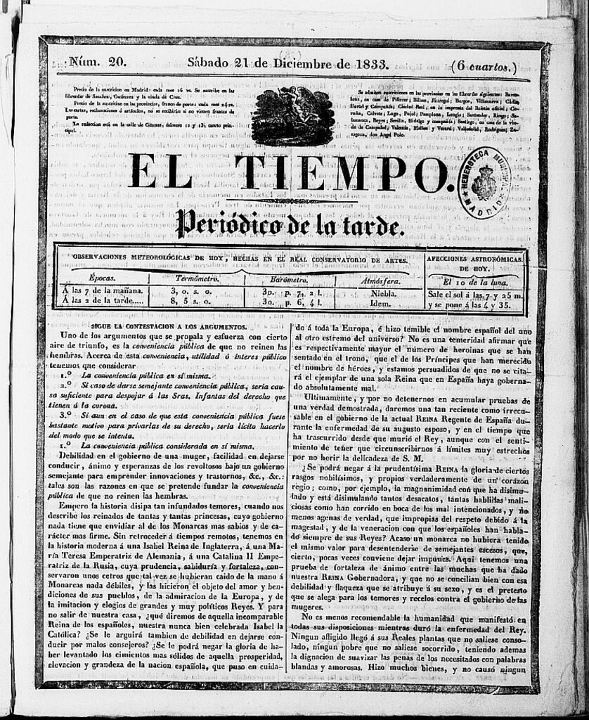 Miniatura de El Tiempo: periódico de la tarde del 21 de diciembre de 1833, nº 20