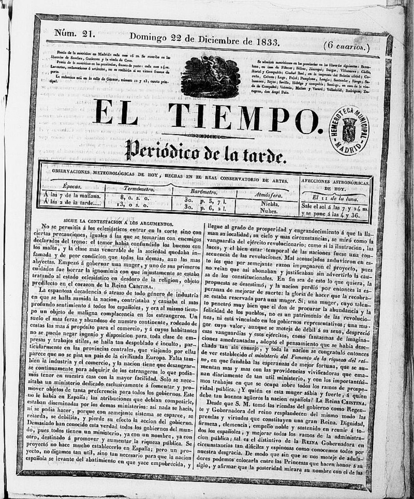 Miniatura de El Tiempo: periódico de la tarde del 22 de diciembre de 1833,nº 21