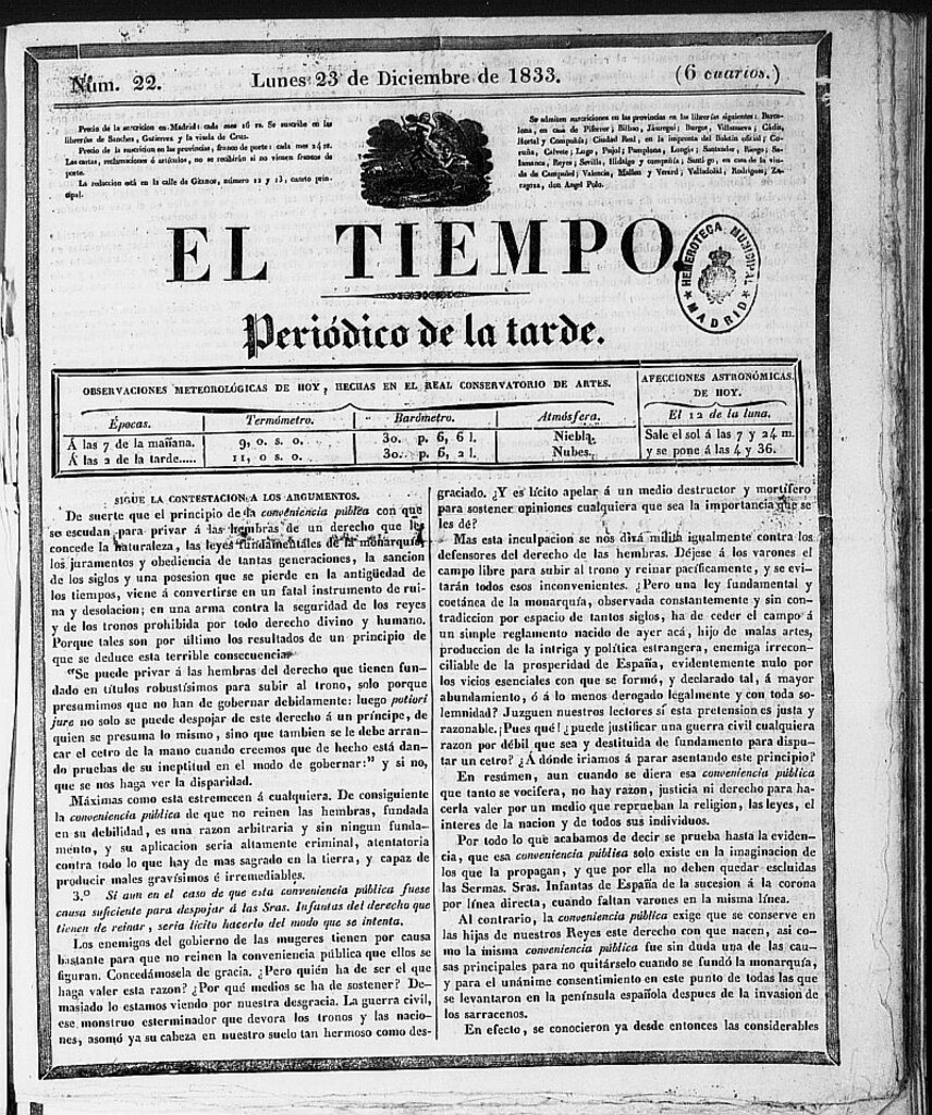 Miniatura de El Tiempo: periódico de la tarde del 23 de diciembre de 1833, nº 22