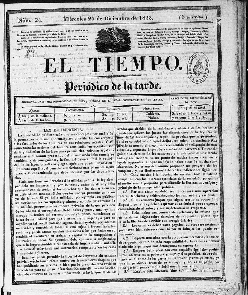 Miniatura de El Tiempo: periódico de la tarde del 25 de diciembre de 1833, nº 24