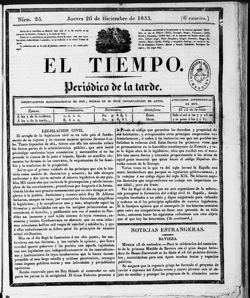 Miniatura de El Tiempo: periódico de la tarde del 26 de diciembre de 1833, nº 25