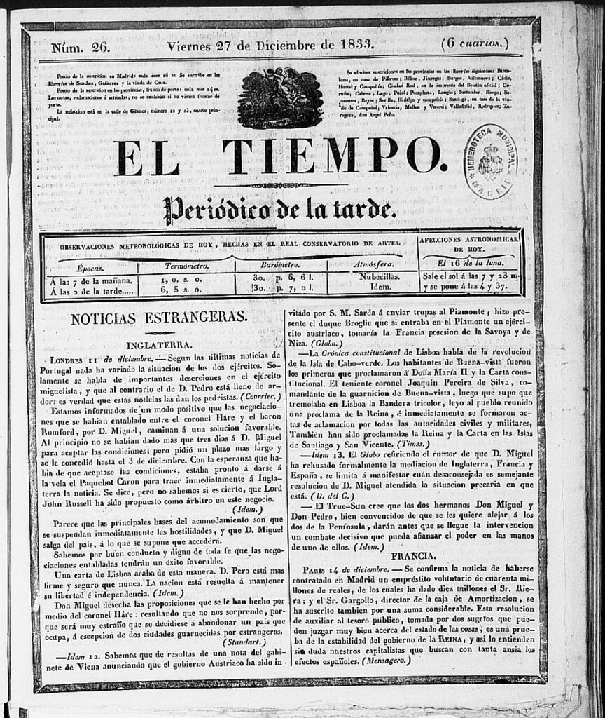 Miniatura de El Tiempo: periódico de la tarde del 27 de diciembre de 1833, nº 26