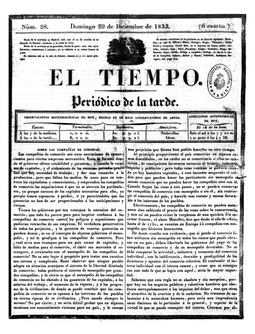 Miniatura de El Tiempo: periódico de la tarde del 29 de diciembre de 1833, nº 28