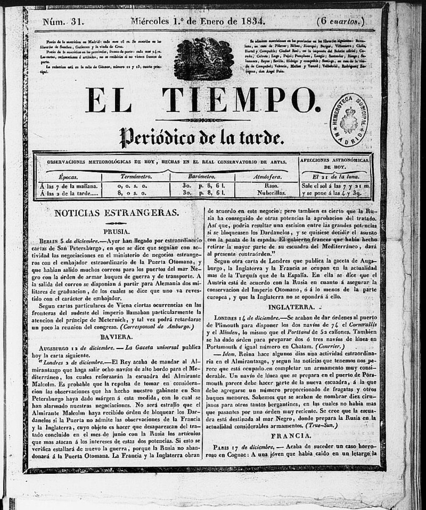 Miniatura de El Tiempo: periódico de la tarde del 1 de enero de 1834, nº 31